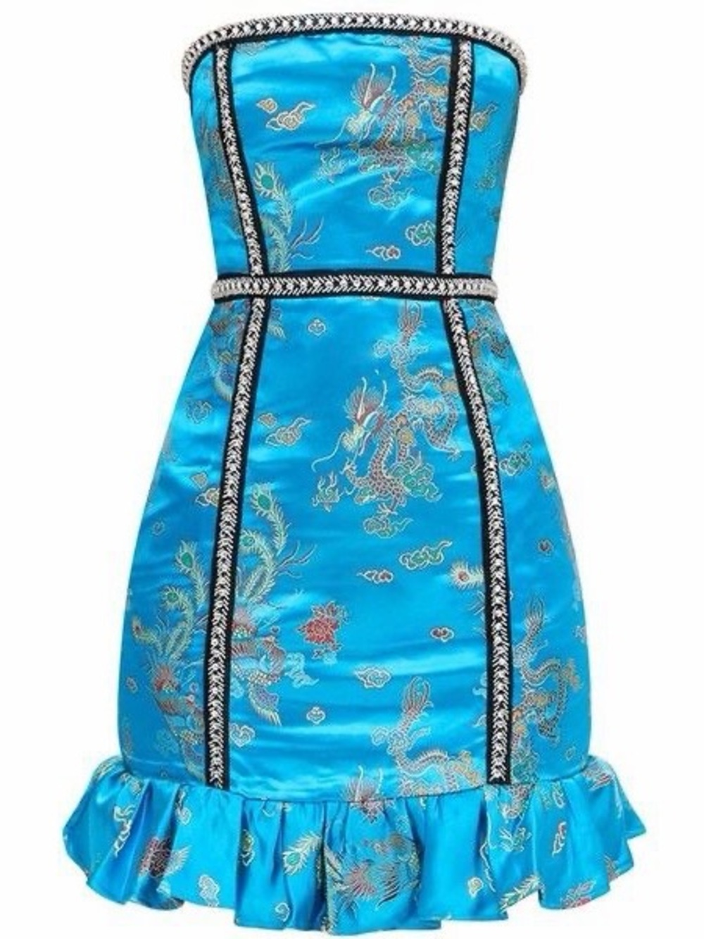 Pretty Little Thing Strapless Blue Dragon-Embroidered Satin Dress